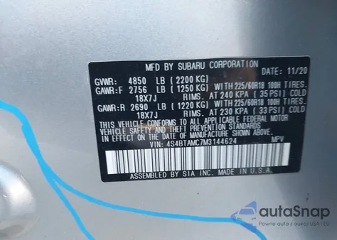 2021 Subaru Outback Limited from USA, damaged, VIN 4S4BTAMC7M3144624